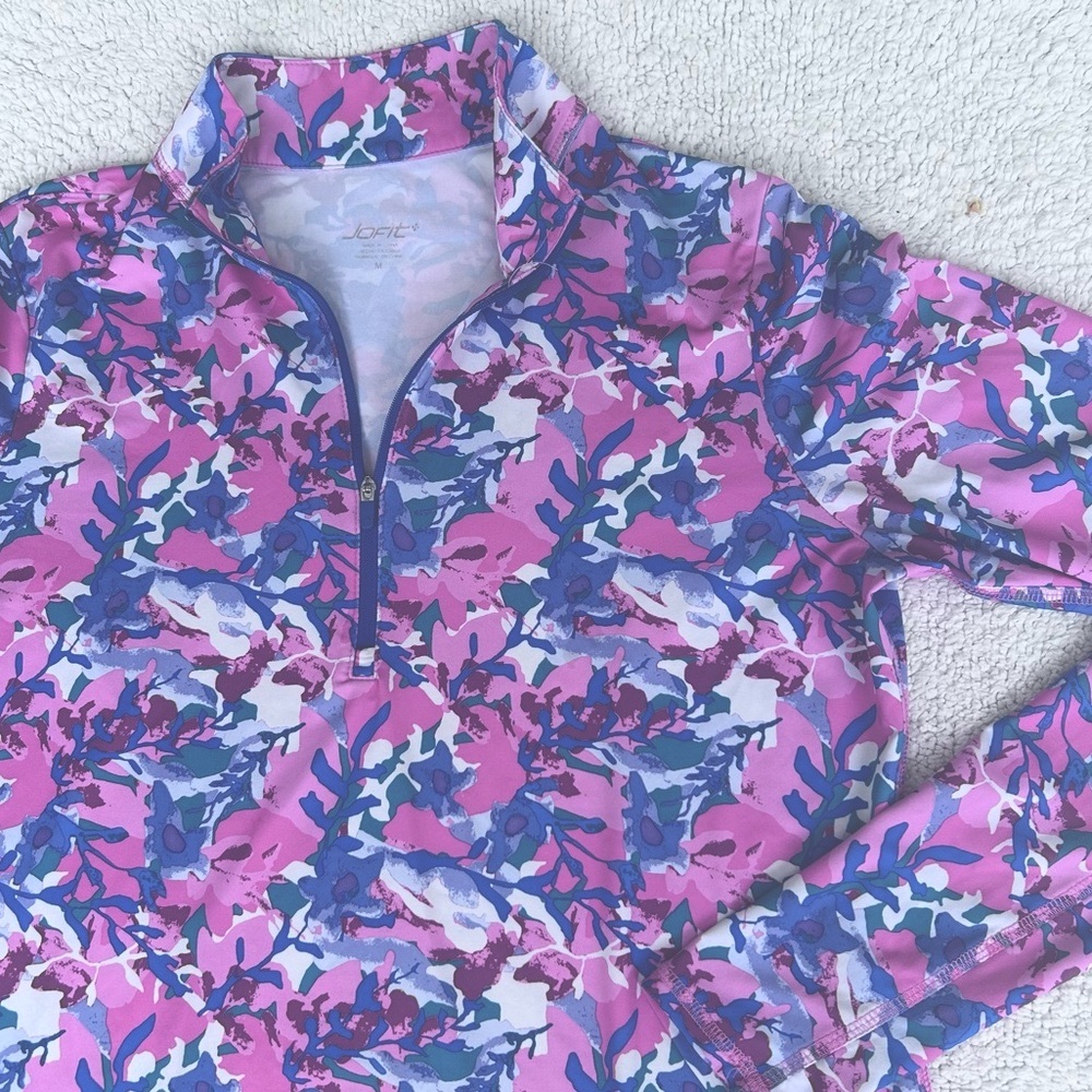 Jofit swim top sun protection women’s medium pink purple print quarter zip up